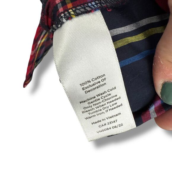 Talbots Plaid Top Size Medium Red Blue Tartan Popover Blouse Velvet Trim Holiday - Picture 7 of 8
